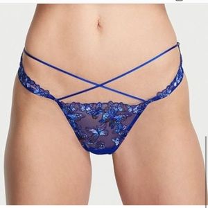 Victoria's Secret VERY SEXY Butterfly Embroidery, Strappy Bikini Blue Lace Thong